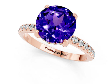 Rose gold Round Cut Diamond Solitaire Ring with Four-Prong Setting and Pavé Band_1