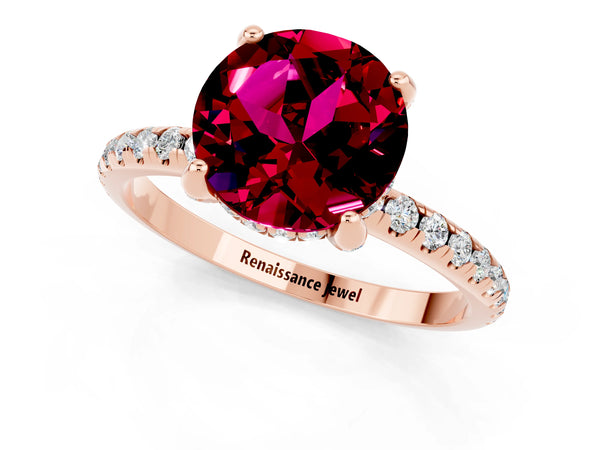 Rose gold Round Cut Garnet Hidden Halo Engagement Ring with Round Pavé Band and Prong Setting