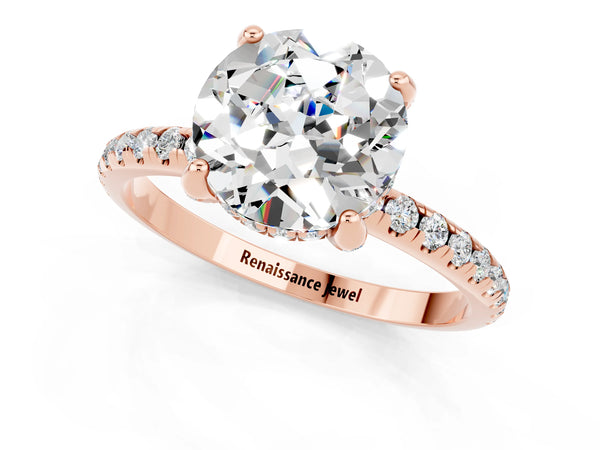 Rose gold Round Cut Moissanite Hidden Halo Engagement Ring with Round Pavé Band and Prong Setting