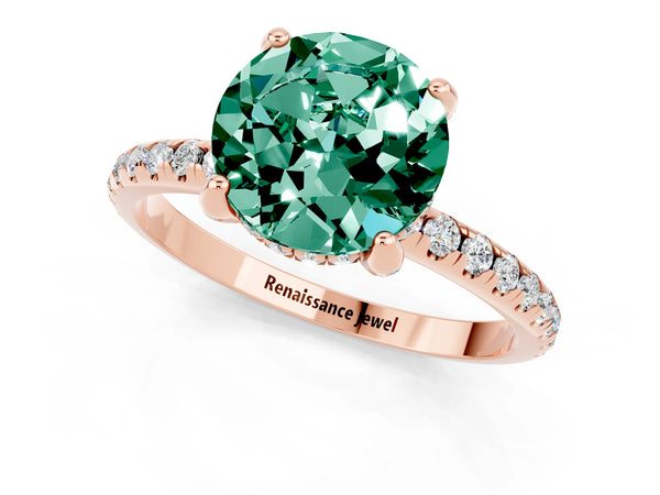 Rose gold Round Cut Green Sapphire Hidden Halo Engagement Ring with Round Pavé Band and Prong Setting