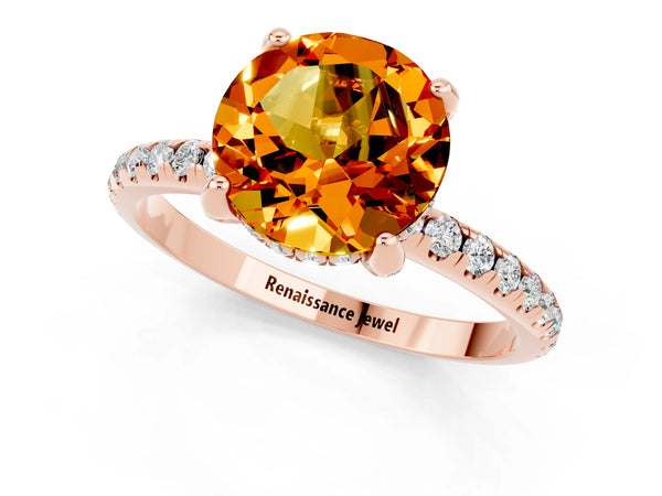 Rose gold Round Cut Citrine Hidden Halo Engagement Ring with Round Pavé Band and Prong Setting