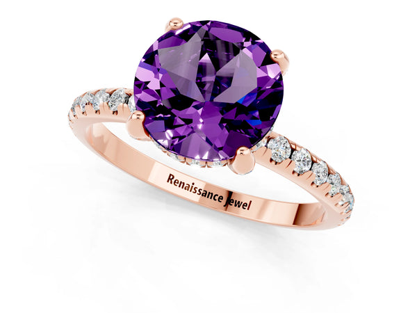 Rose gold Round Cut Amethyst Hidden Halo Engagement Ring with Round Pavé Band and Prong Setting