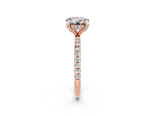 Rose gold Round Cut Moissanite Hidden Halo Engagement Ring with Round Pavé Band and Prong Setting