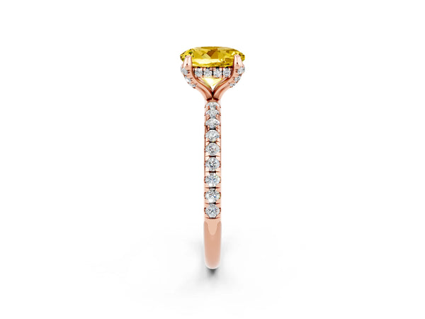 Rose gold Round Cut Yellow Sapphire Hidden Halo Engagement Ring with Round Pavé Band and Prong Setting