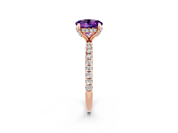 Rose gold Round Cut Amethyst Hidden Halo Engagement Ring with Round Pavé Band and Prong Setting