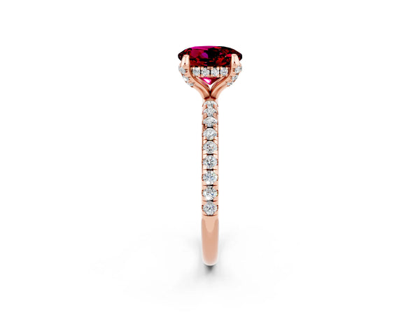 Rose gold Round Cut Garnet Hidden Halo Engagement Ring with Round Pavé Band and Prong Setting