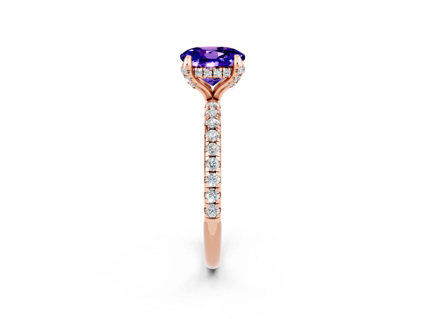Rose gold Round Cut Tanzanite Hidden Halo Engagement Ring with Round Pavé Band and Prong Setting