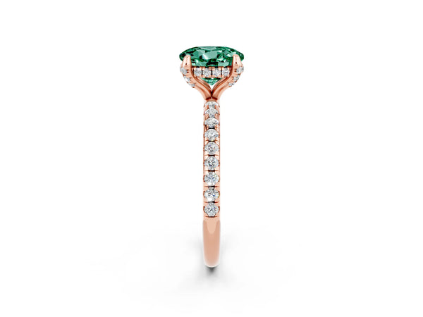 Rose gold Round Cut Green Sapphire Hidden Halo Engagement Ring with Round Pavé Band and Prong Setting
