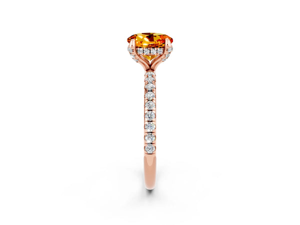 Rose gold Round Cut Citrine Hidden Halo Engagement Ring with Round Pavé Band and Prong Setting