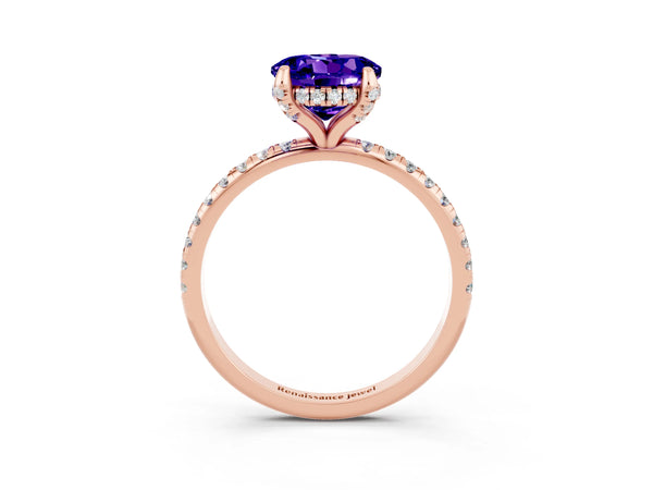 Rose gold Round Cut Tanzanite Hidden Halo Engagement Ring with Round Pavé Band and Prong Setting