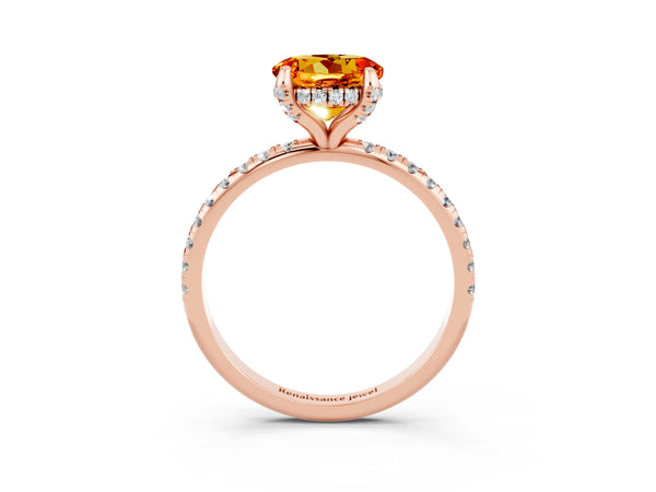 Rose gold Round Cut Citrine Hidden Halo Engagement Ring with Round Pavé Band and Prong Setting