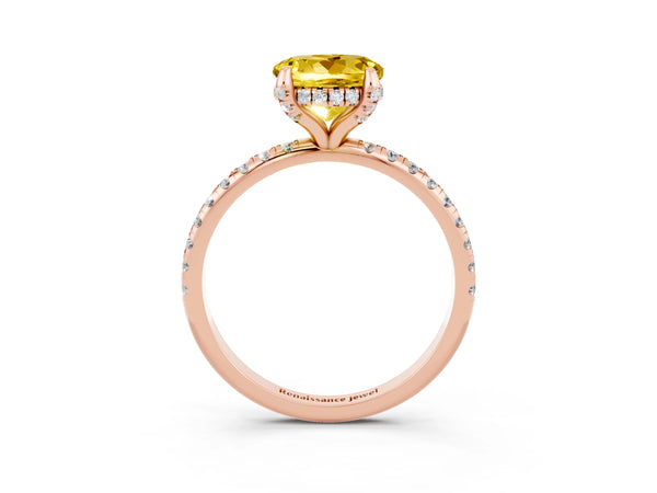 Rose gold Round Cut Yellow Sapphire Hidden Halo Engagement Ring with Round Pavé Band and Prong Setting
