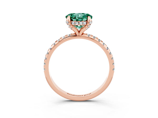 Rose gold Round Cut Green Sapphire Hidden Halo Engagement Ring with Round Pavé Band and Prong Setting