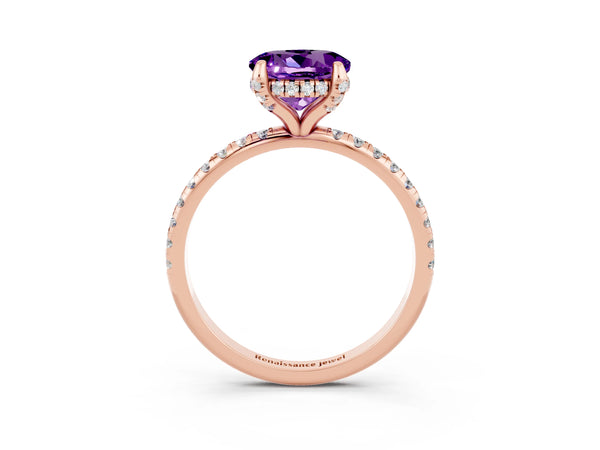 Rose gold Round Cut Amethyst Hidden Halo Engagement Ring with Round Pavé Band and Prong Setting