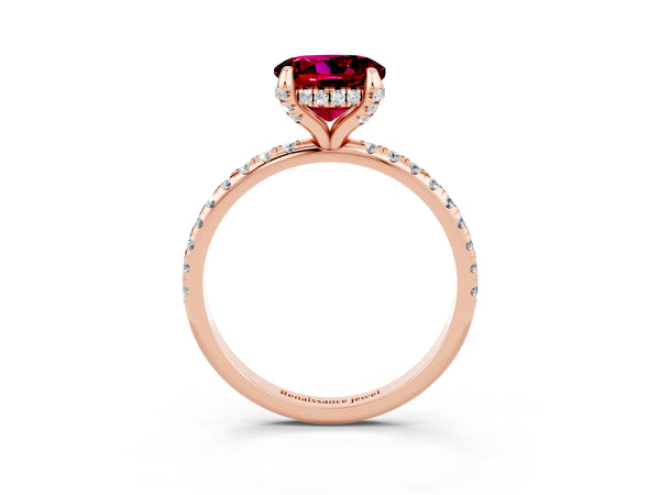Rose gold Round Cut Garnet Hidden Halo Engagement Ring with Round Pavé Band and Prong Setting