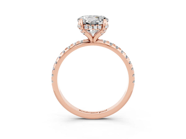 Rose gold Round Cut Moissanite Hidden Halo Engagement Ring with Round Pavé Band and Prong Setting