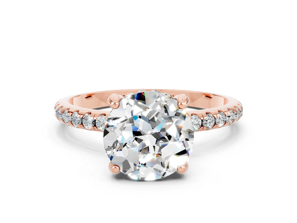 Rose gold Round Cut Moissanite Hidden Halo Engagement Ring with Round Pavé Band and Prong Setting