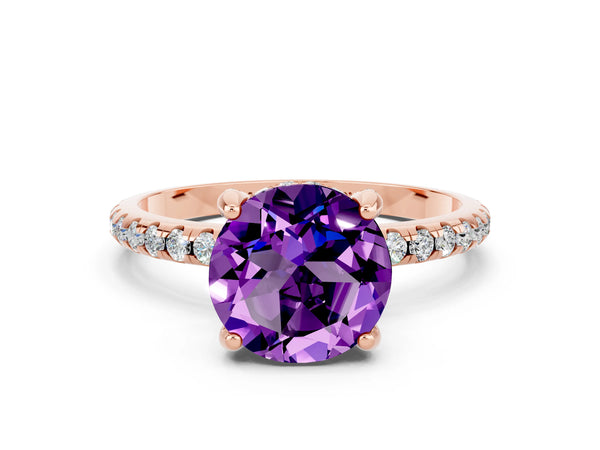 Rose gold Round Cut Amethyst Hidden Halo Engagement Ring with Round Pavé Band and Prong Setting
