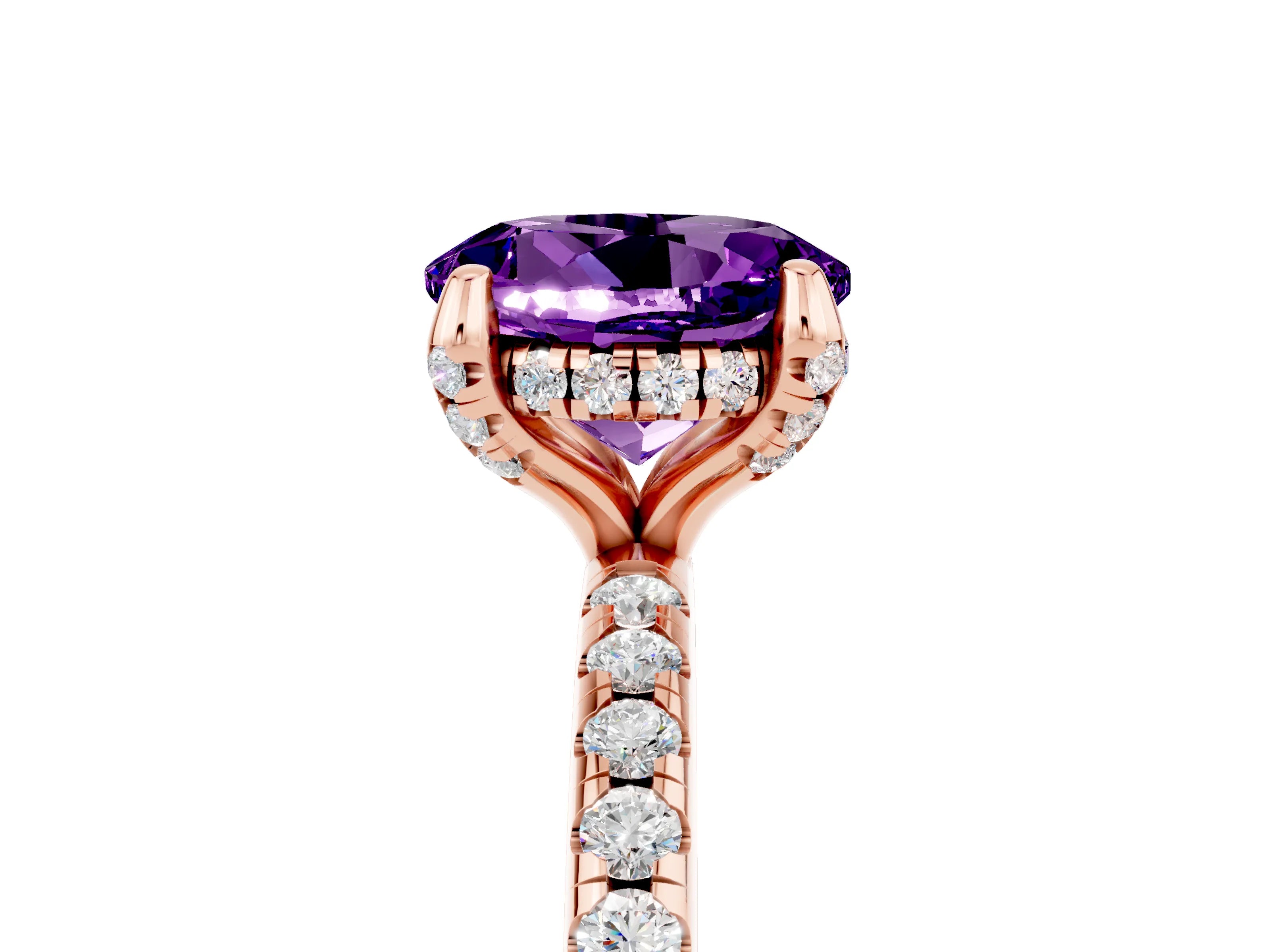 Rose gold Round Cut Diamond Solitaire Ring with Four-Prong Setting and Pavé Band_5