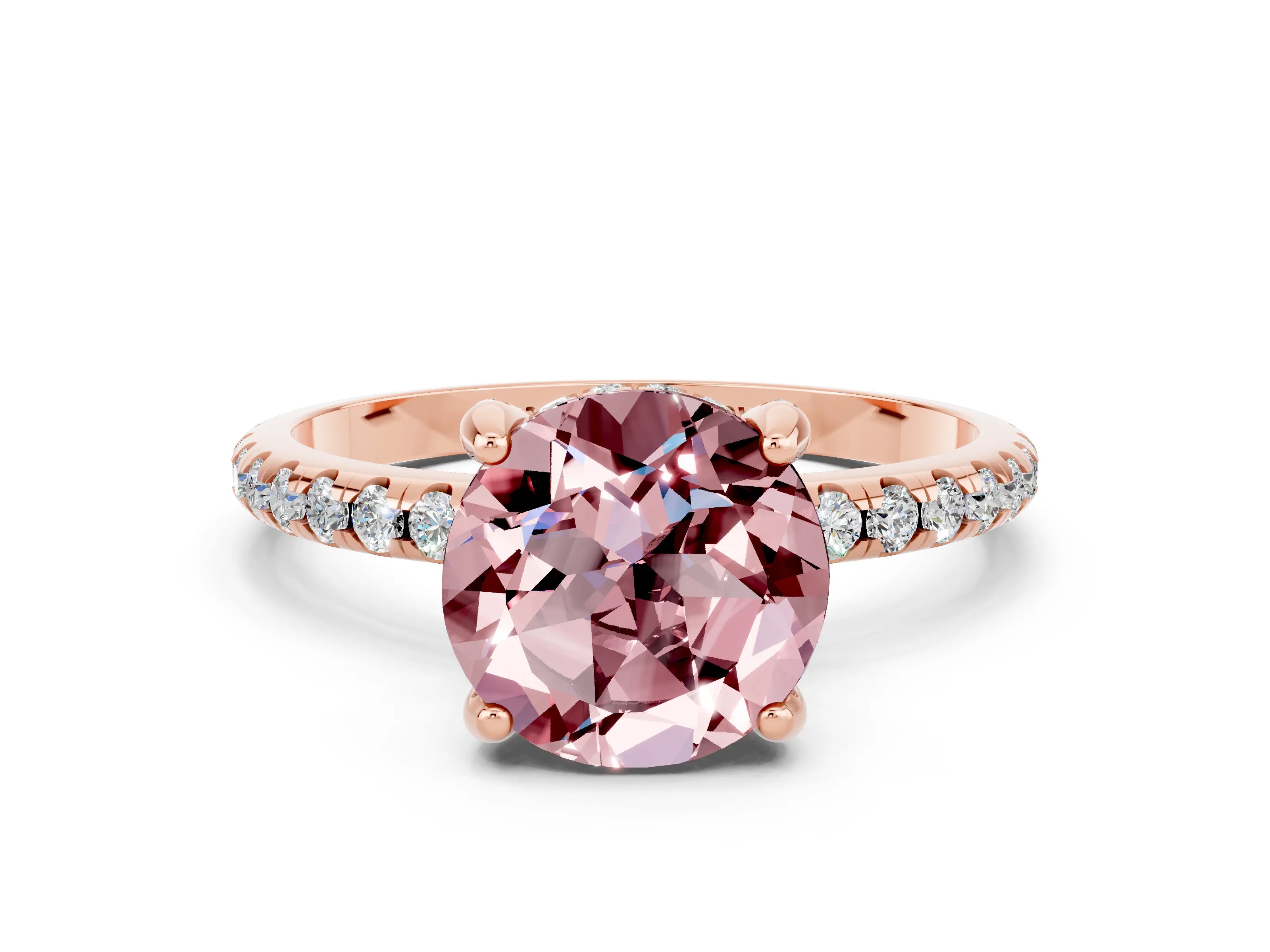 Rose gold Round Cut Diamond Solitaire Ring with Four-Prong Setting and Pavé Band