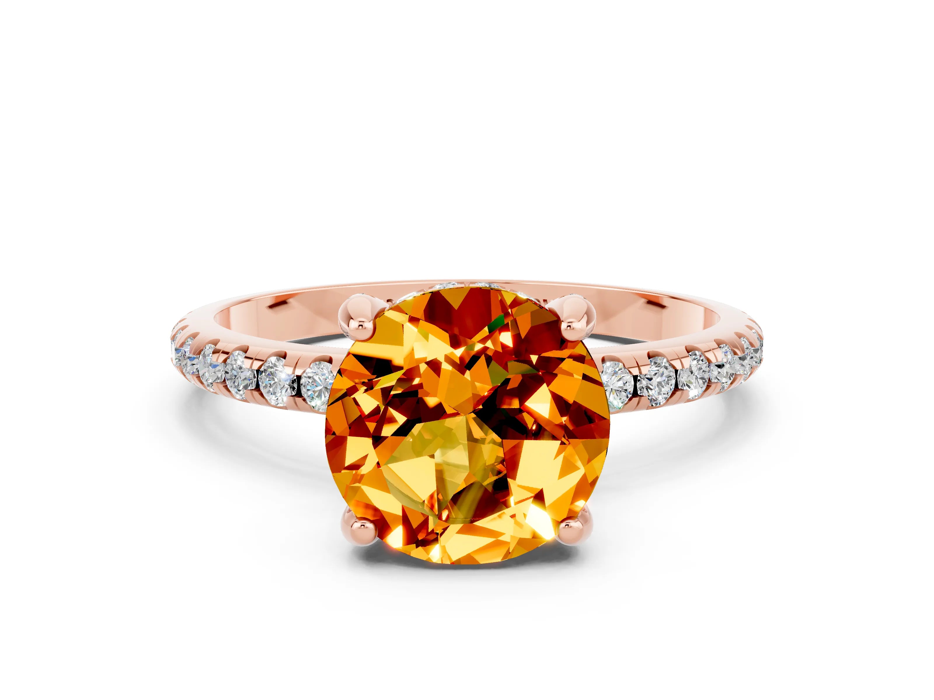 Rose gold Round Cut Diamond Solitaire Ring with Four-Prong Setting and Pavé Band