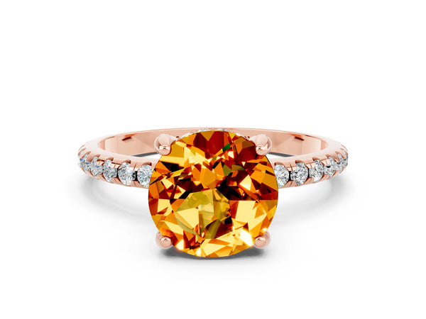 Rose gold Round Cut Citrine Hidden Halo Engagement Ring with Round Pavé Band and Prong Setting