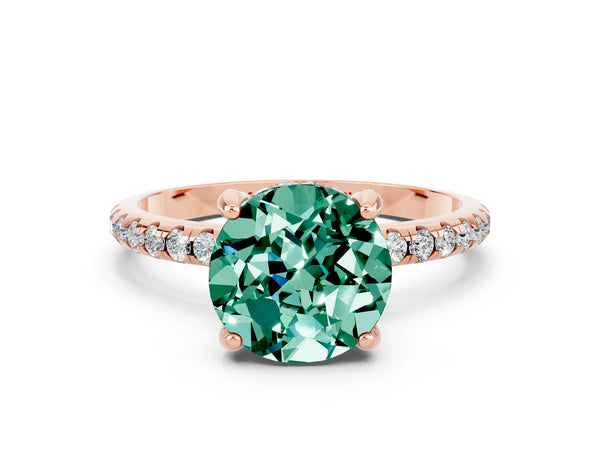 Rose gold Round Cut Green Sapphire Hidden Halo Engagement Ring with Round Pavé Band and Prong Setting