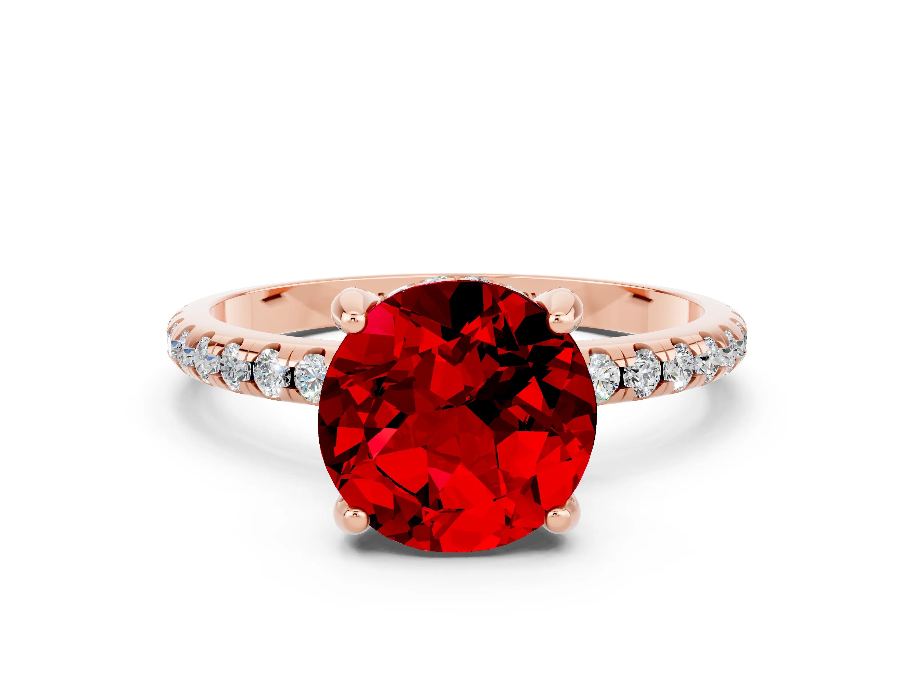 Rose gold Round Cut Diamond Solitaire Ring with Four-Prong Setting and Pavé Band