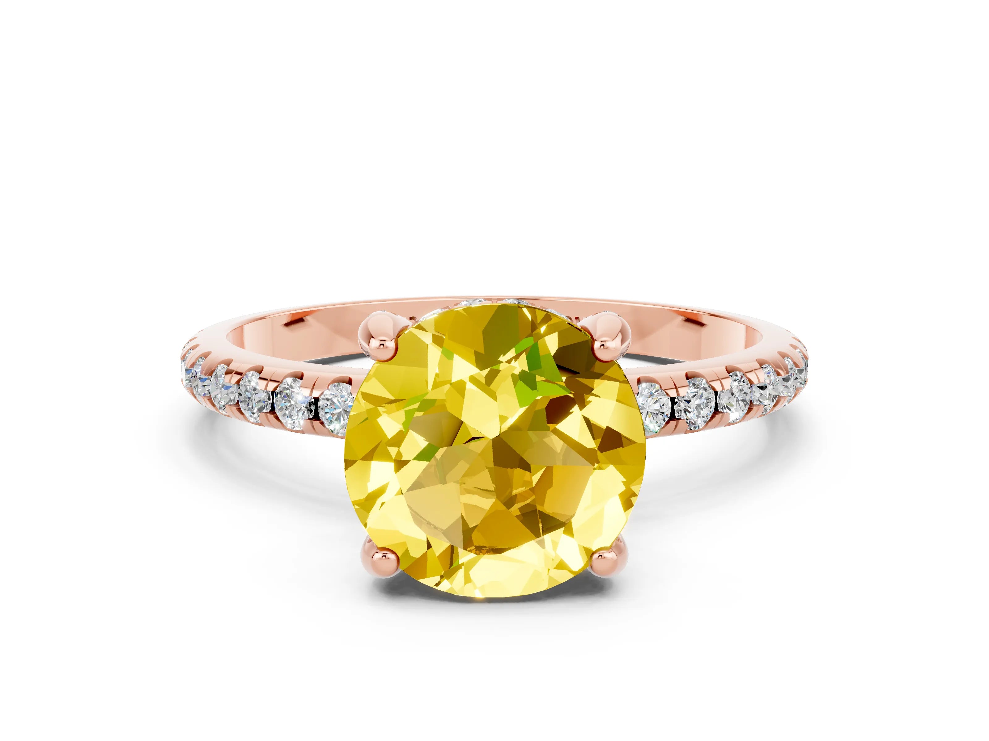 Rose gold Round Cut Diamond Solitaire Ring with Four-Prong Setting and Pavé Band
