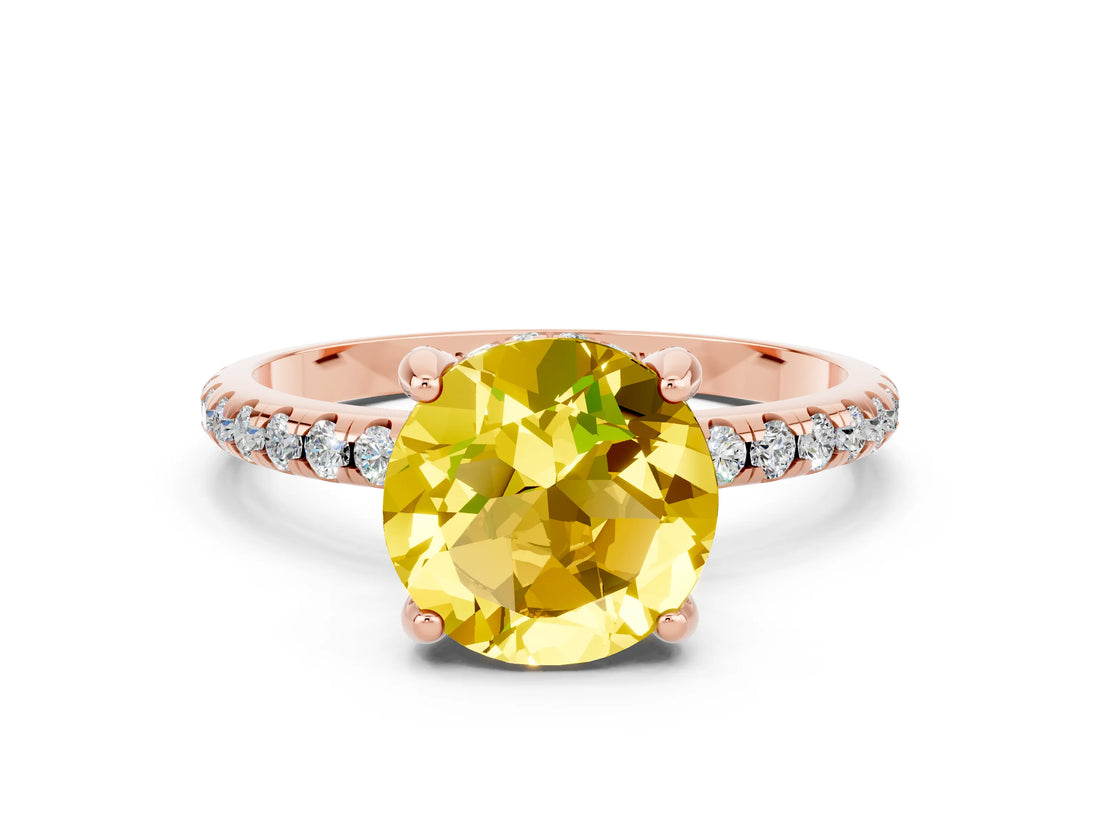 Rose gold Round Cut Diamond Solitaire Ring with Four-Prong Setting and Pavé Band