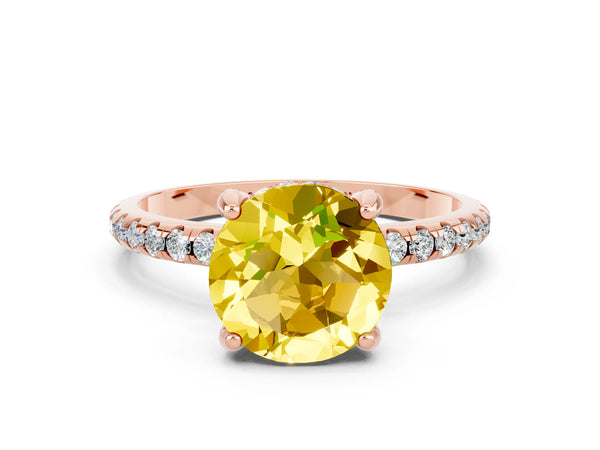 Rose gold Round Cut Yellow Sapphire Hidden Halo Engagement Ring with Round Pavé Band and Prong Setting