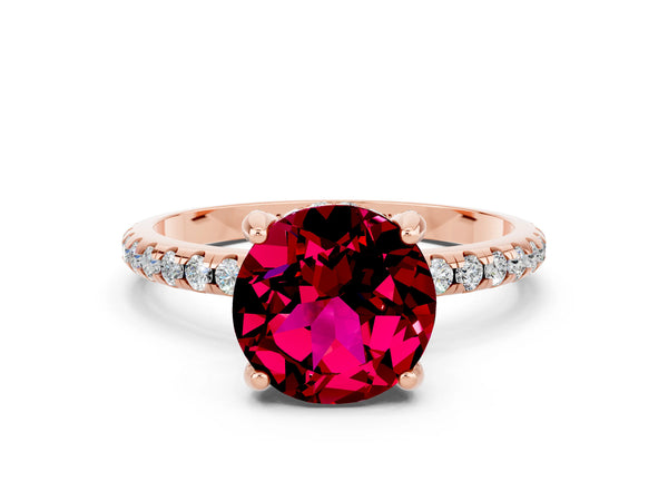 Rose gold Round Cut Garnet Hidden Halo Engagement Ring with Round Pavé Band and Prong Setting