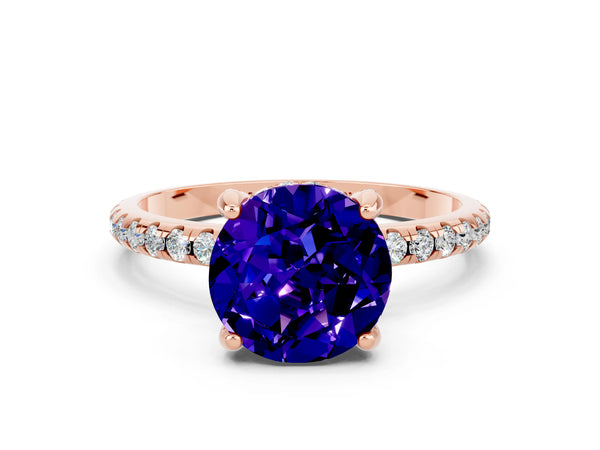 Rose gold Round Cut Tanzanite Hidden Halo Engagement Ring with Round Pavé Band and Prong Setting