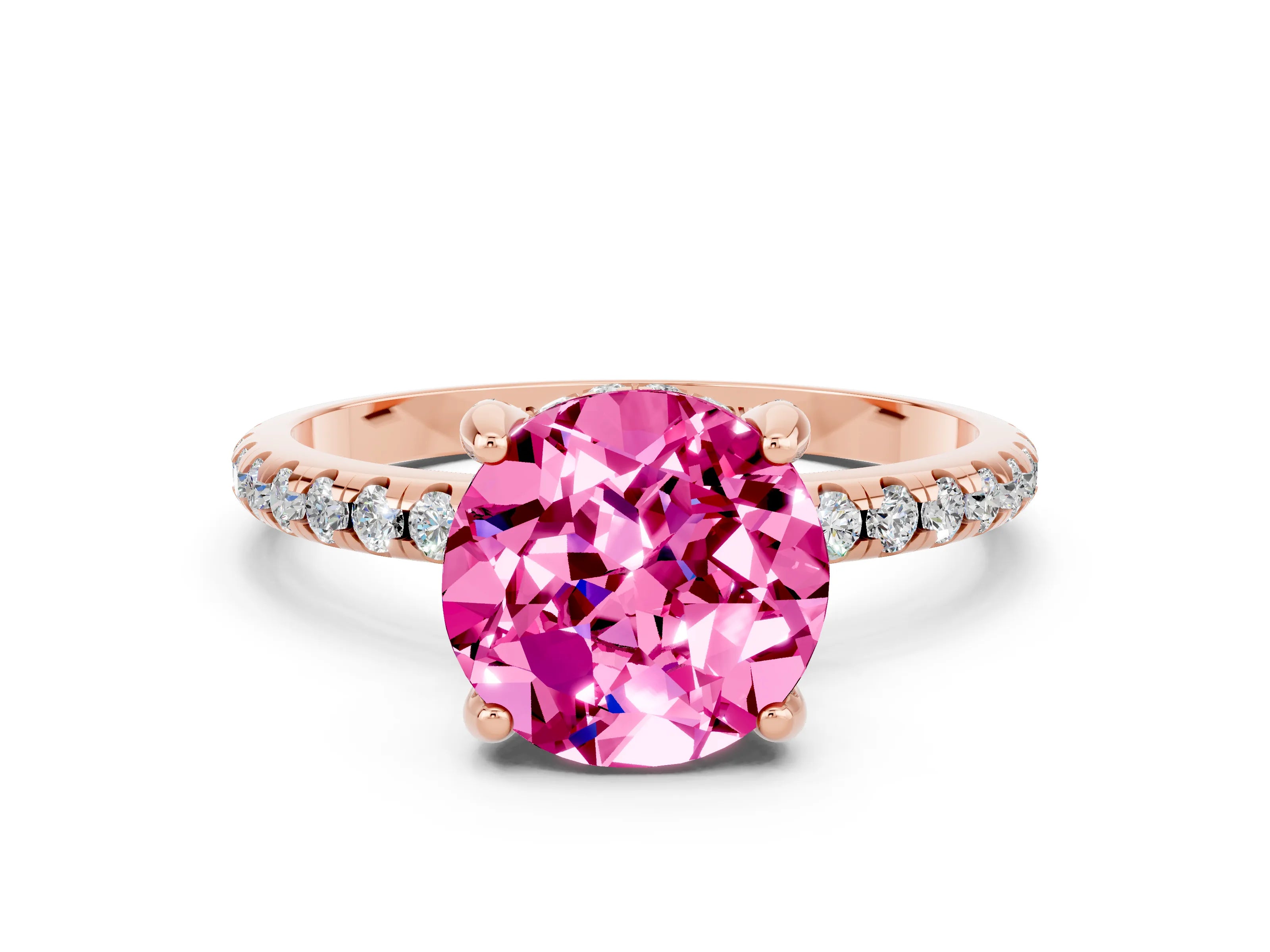 Rose gold Round Cut Diamond Solitaire Ring with Four-Prong Setting and Pavé Band