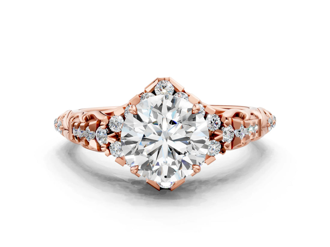 Rose gold Round Cut Diamond Solitaire Ring with Hidden Halo and Pavé Band_34