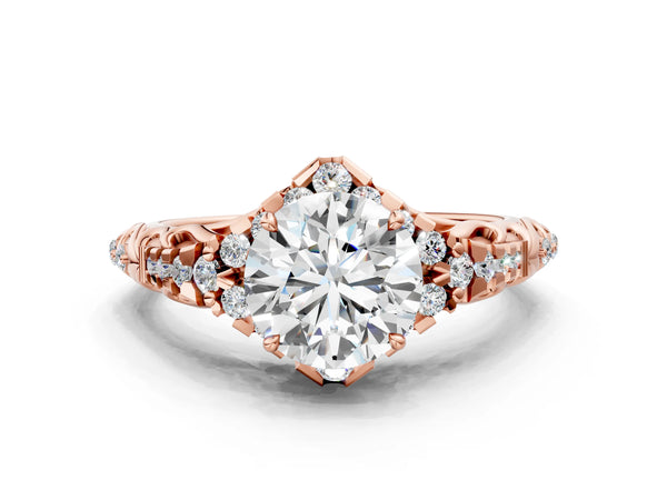 Rose Gold Round Hidden Halo Vintage Filigree Engagement Ring Setting with Pave Band