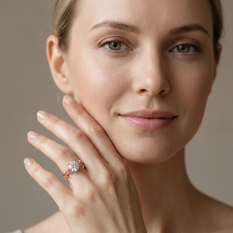 Rose gold Round Cut Diamond Solitaire Ring with Leaf Motif Band and Four-Prong Setting