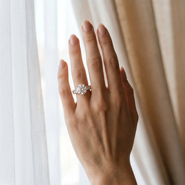 Rose gold Round Cut Diamond Solitaire Ring with Micro Pave Band and Prong Setting
