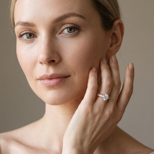 Rose gold Round Cut Diamond Solitaire Ring with Micro Pave Band and Prong Setting