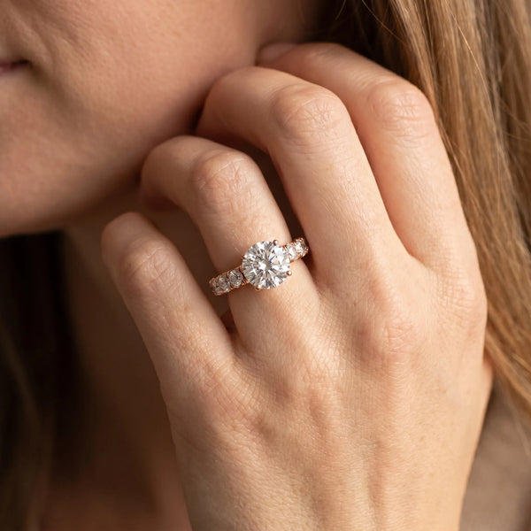 Rose gold Round Cut Diamond Solitaire Ring with Micro Pave Band and Prong Setting