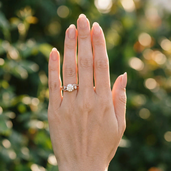 Rose gold Round Cut Diamond Solitaire Ring with Milgrain Pavé Band and Four-Prong Setting