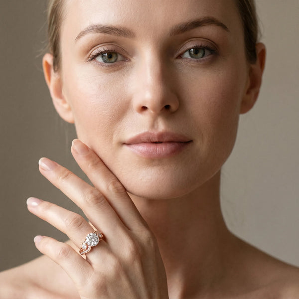 Rose gold Round Cut Diamond Solitaire Ring with Milgrain Pavé Band and Four-Prong Setting