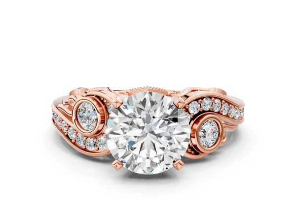 Rose gold Round Cut Diamond Solitaire Ring with Milgrain Pavé Band and Four-Prong Setting