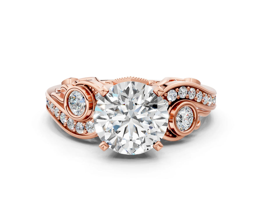 Rose gold Round Cut Diamond Solitaire Ring with Milgrain Pavé Band and Four-Prong Setting