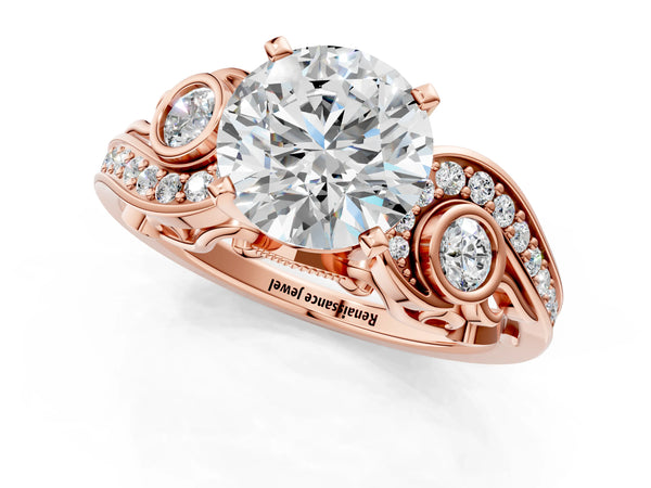 Rose gold Round Cut Diamond Solitaire Ring with Milgrain Pavé Band and Four-Prong Setting