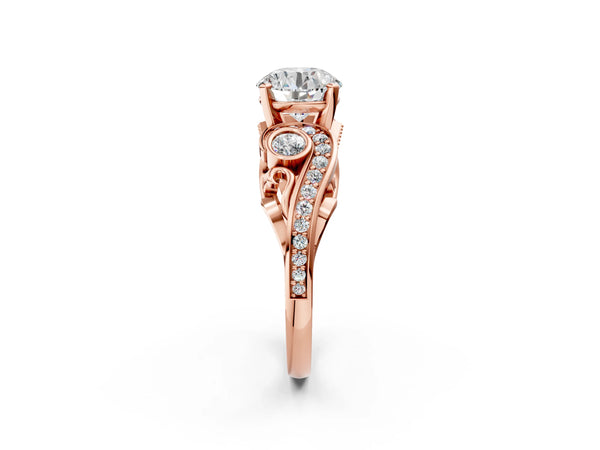 Rose gold Round Cut Diamond Solitaire Ring with Milgrain Pavé Band and Four-Prong Setting