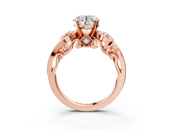 Rose gold Round Cut Diamond Solitaire Ring with Milgrain Pavé Band and Four-Prong Setting