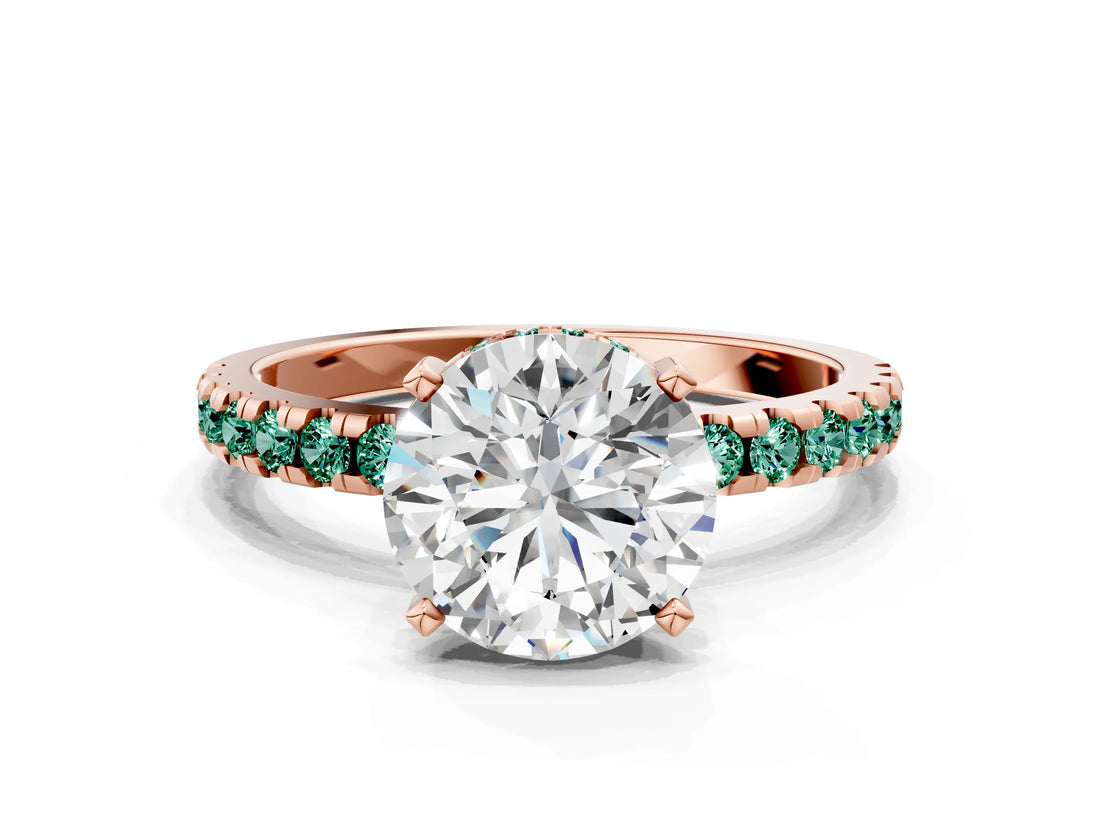 Rose gold Round Cut Diamond Solitaire Ring with Pavé Band and Four-Prong Setting