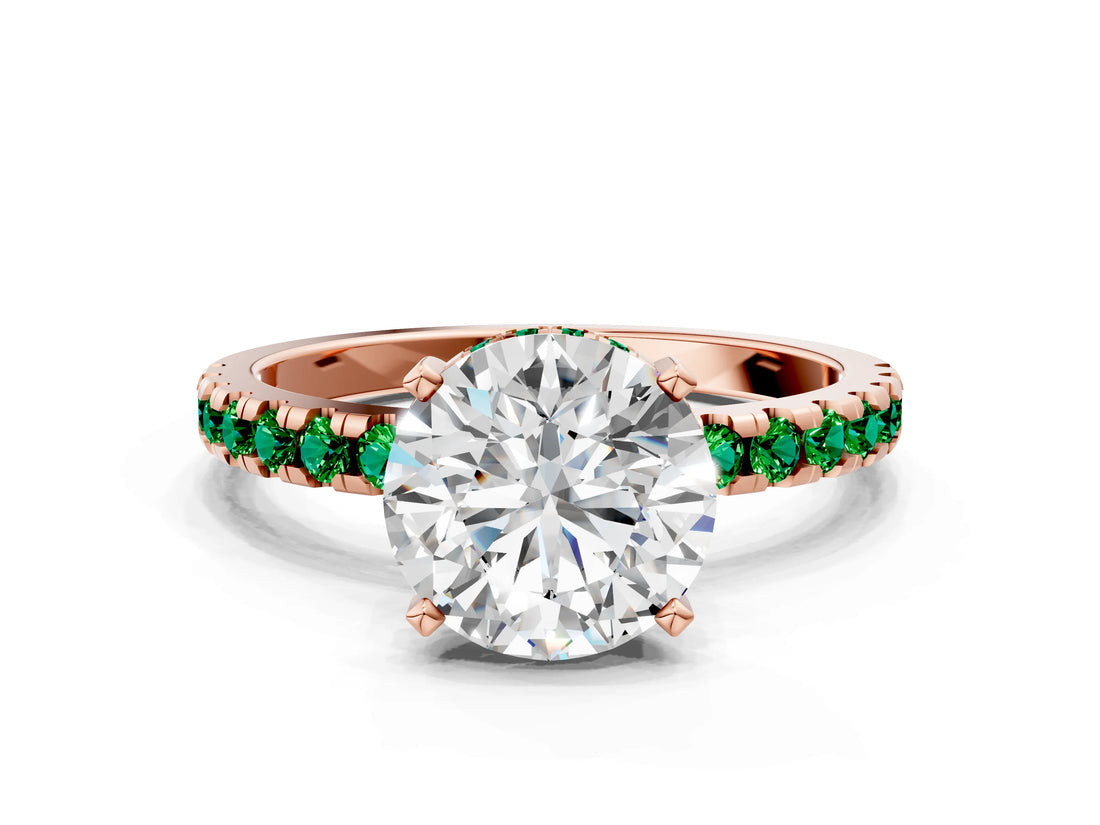 Rose gold Round Cut Diamond Solitaire Ring with Pavé Band and Four-Prong Setting