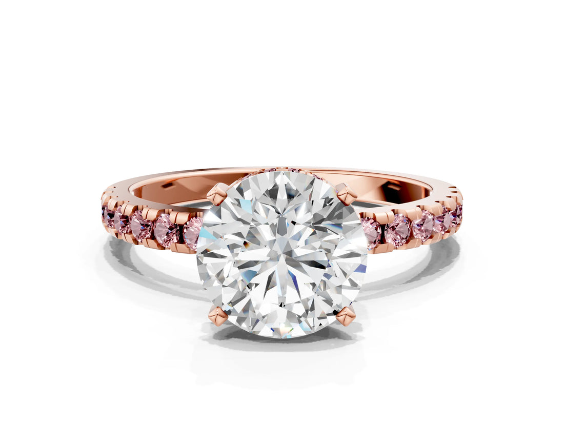 Rose gold Round Cut Diamond Solitaire Ring with Pavé Band and Four-Prong Setting